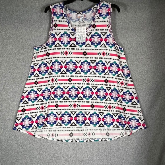 LuLaRoe 2XL Sleeveless Tunic TankTop Pink Blue Geometric Southwestern V-Neck NWT - Picture 2 of 7